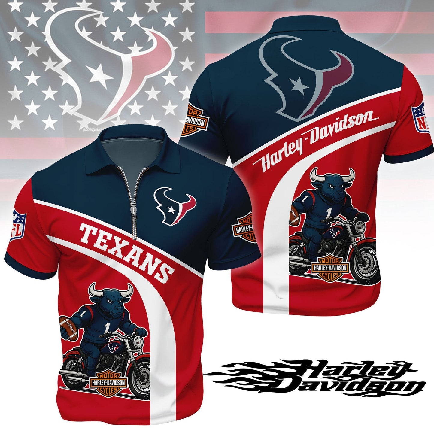 LIMITED EDITION - NEW CUSTOMIZED NFL15 HTT HOUSTON TEXANS HARLEY-DAVIDSON POLO WITH ZIPPER SHIRT