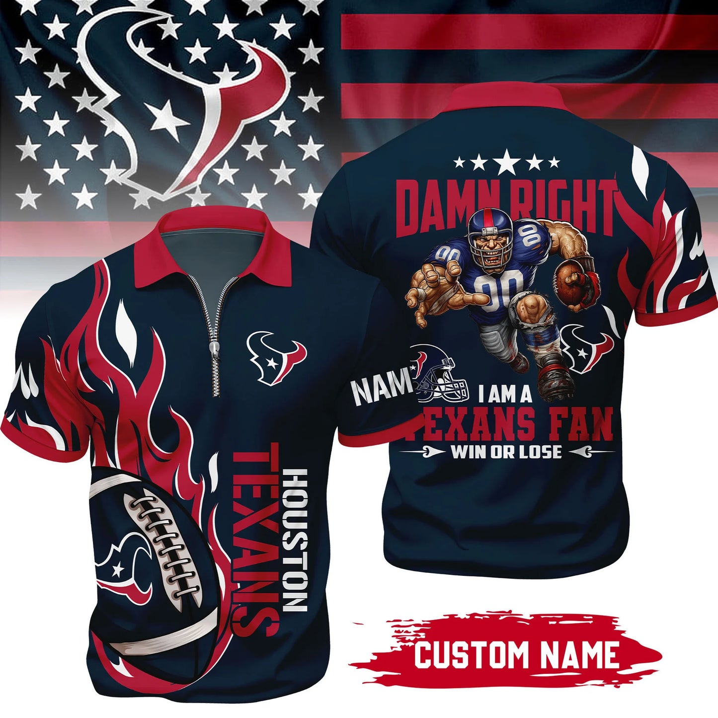LIMITED EDITION - NEW CUSTOMIZED NFL15 HTT HOUSTON TEXANS ZIP POLO SHIRT