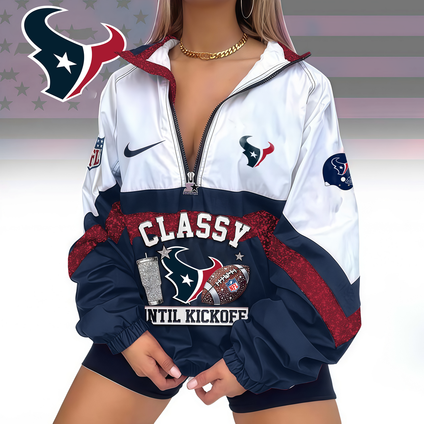 LIMITED EDITION - NEW CUSTOMIZED NFL15 HTT HOUSTON TEXANS V-NECK ZIPPER SWEATSHIRT JACKET