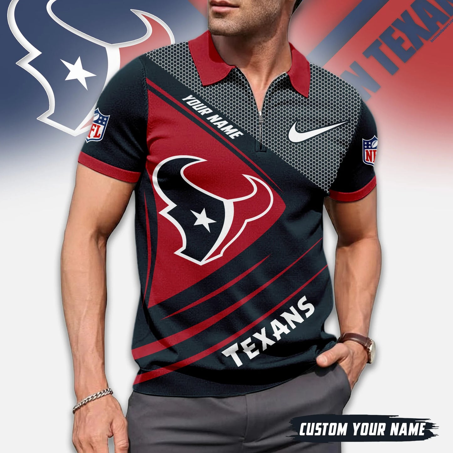 LIMITED EDITION - NEW CUSTOMIZED NFL15 HTT HOUSTON TEXANS ZIP POLO SHIRT