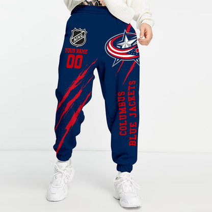 LIMITED EDITION - NEW CUSTOMIZED NHL18 CBJ COLUMBUS BLUE JACKETS UNISEX LONG PANTS
