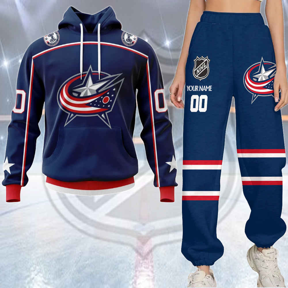 LIMITED EDITION - NEW CUSTOMIZED NHL18 CBJ COLUMBUS BLUE JACKETS COMBO HOODIE & LONGPANTS