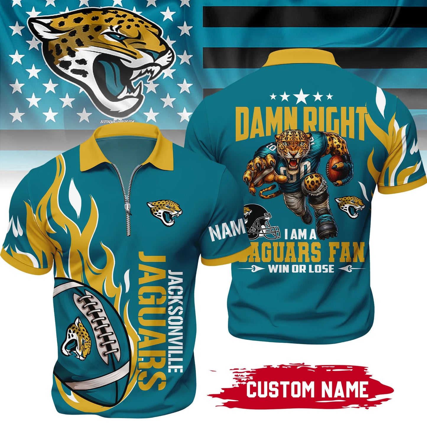 LIMITED EDITION - NEW CUSTOMIZED NFL30 JSJ JACKSONVILLE JAGUARS ZIP POLO SHIRT