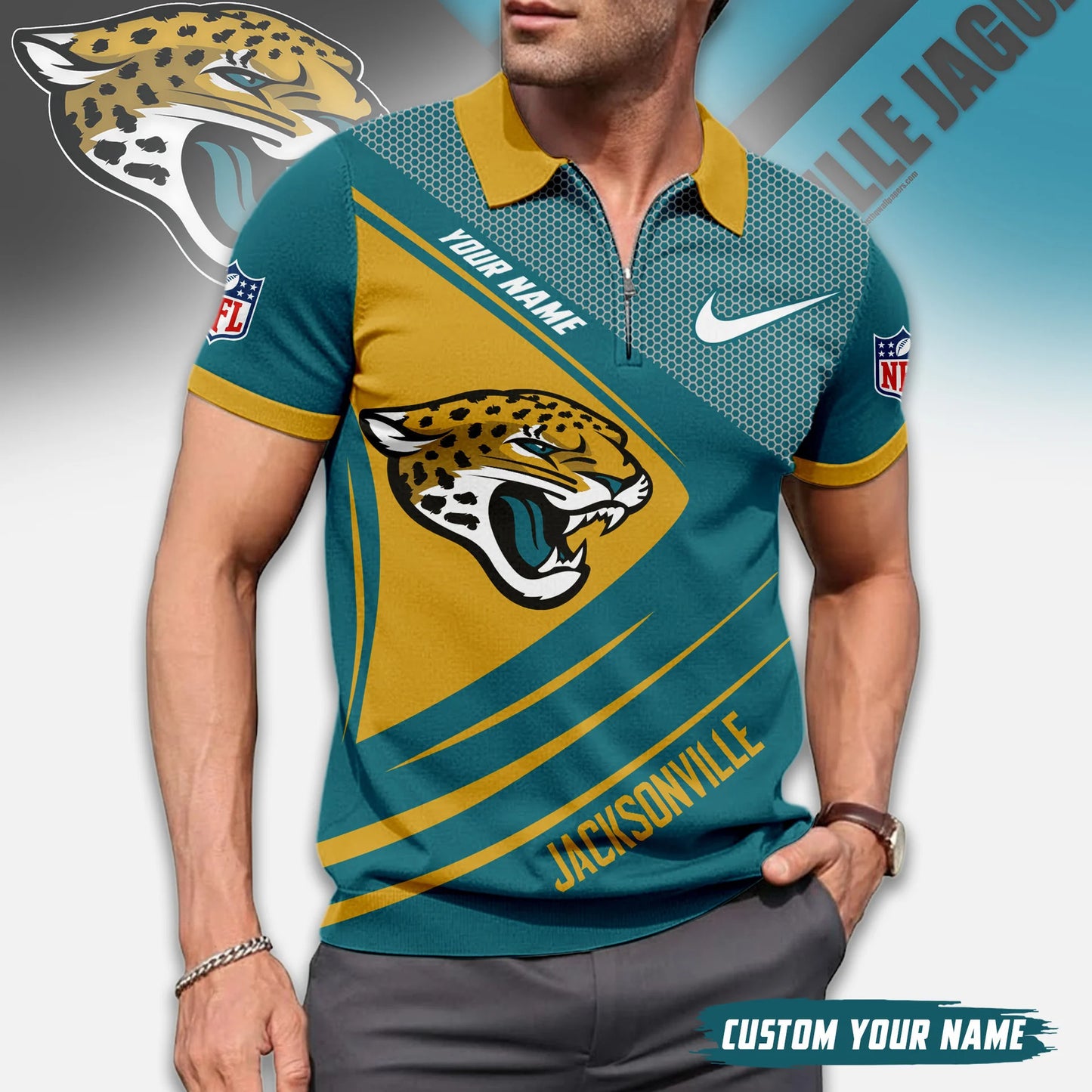 LIMITED EDITION - NEW CUSTOMIZED NFL30 JSJ JACKSONVILLE JAGUARS ZIP POLO SHIRT