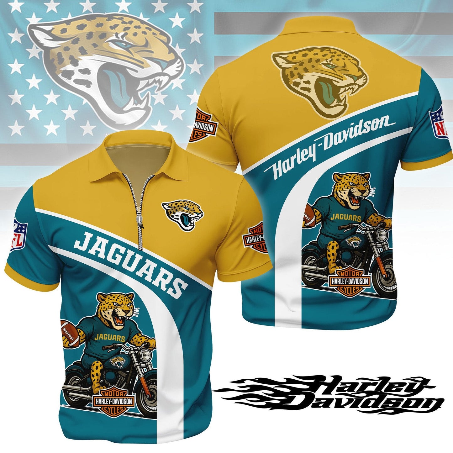 LIMITED EDITION - NEW CUSTOMIZED NFL30 JSJ JACKSONVILLE JAGUARS HARLEY-DAVIDSON POLO WITH ZIPPER SHIRT