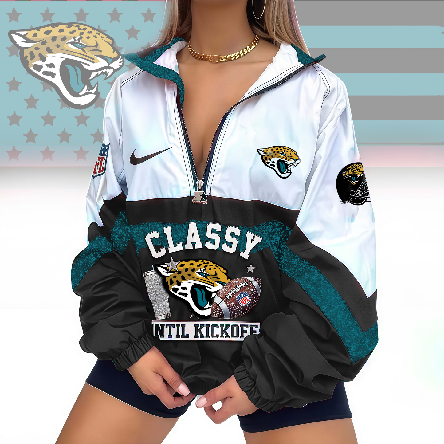 LIMITED EDITION - NEW CUSTOMIZED NFL30 JSJ JACKSONVILLE JAGUARS V-NECK ZIPPER SWEATSHIRT JACKET