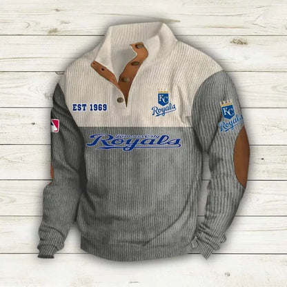[FLASH SALE] NEW CUSTOMIZED MLB19 KCR KANSAS CITY ROYALS BUTTON SWEATSHIRTS STAND COLLAR