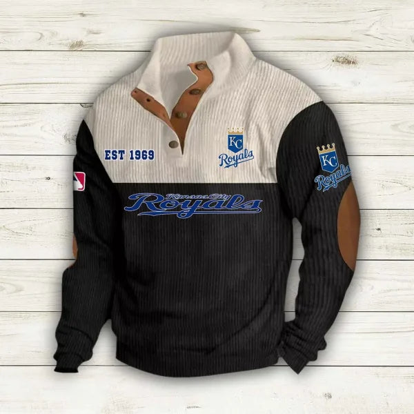 [FLASH SALE] NEW CUSTOMIZED MLB19 KCR KANSAS CITY ROYALS BUTTON SWEATSHIRTS STAND COLLAR