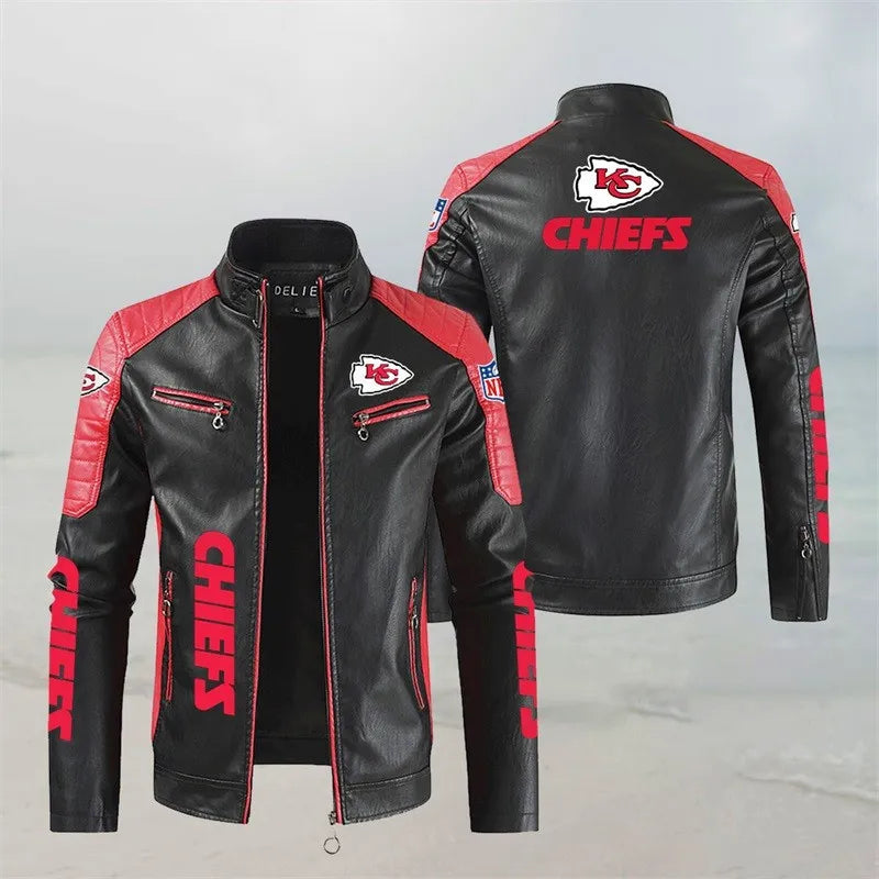 LIMITED EDITION - NEW CUSTOMIZED NFL01 KCC KANSAS CITY CHIEFS LEATHER BIKER JACKET