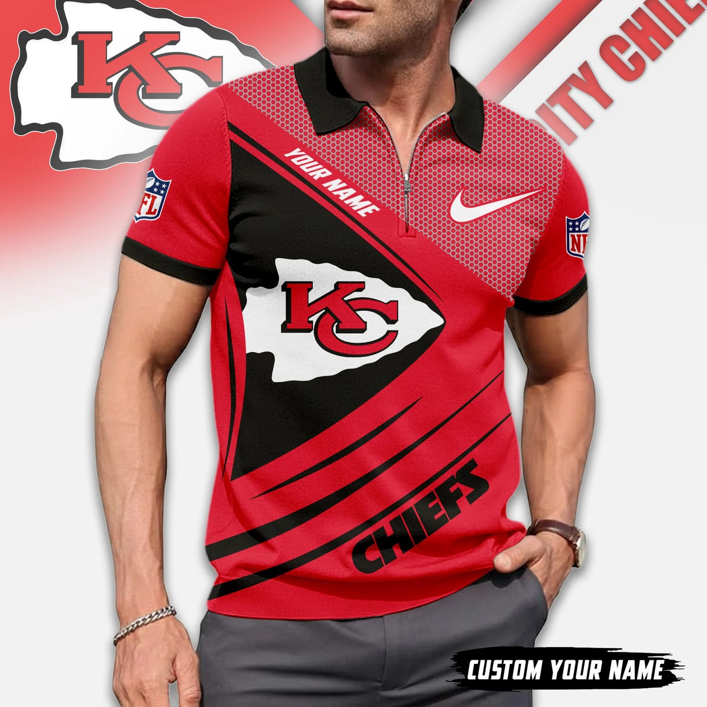 LIMITED EDITION - NEW CUSTOMIZED NFL01 KCC KANSAS CITY CHIEFS ZIP POLO SHIRT