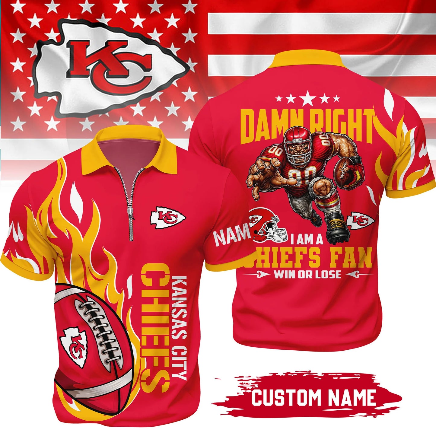 LIMITED EDITION - NEW CUSTOMIZED NFL01 KCC KANSAS CITY CHIEFS ZIP POLO SHIRT