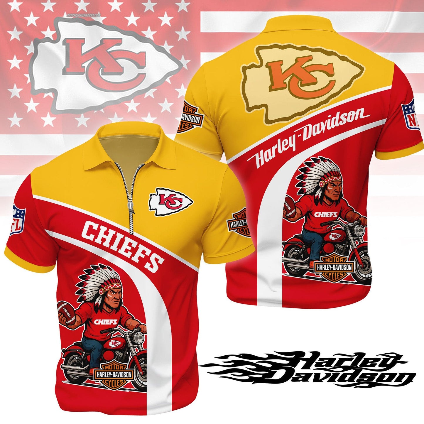 LIMITED EDITION - NEW CUSTOMIZED NFL01 KCC KANSAS CITY CHIEFS HARLEY-DAVIDSON POLO WITH ZIPPER SHIRT