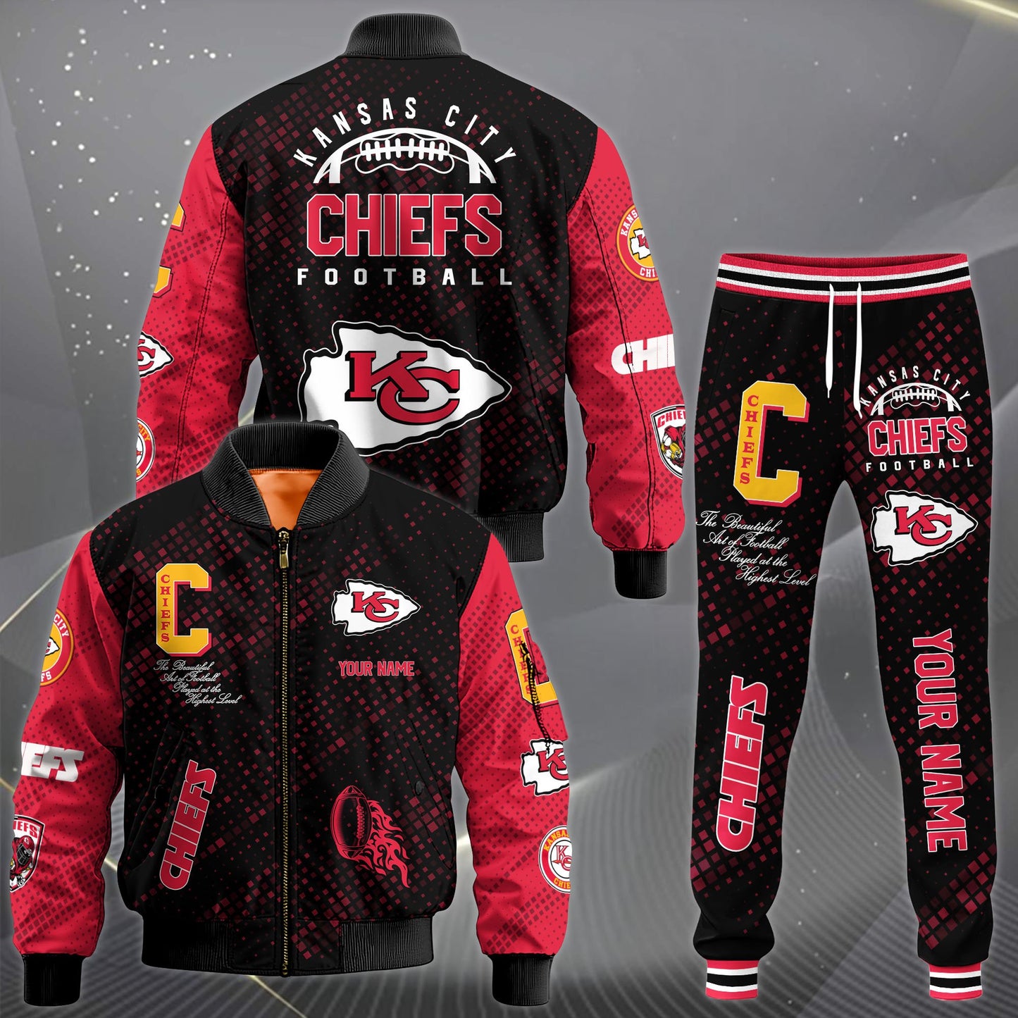 LIMITED EDITION - NEW CUSTOMIZED NFL01 KCC KANSAS CITY CHIEFS SATIN VARSITY JACKET & LONG PANTS