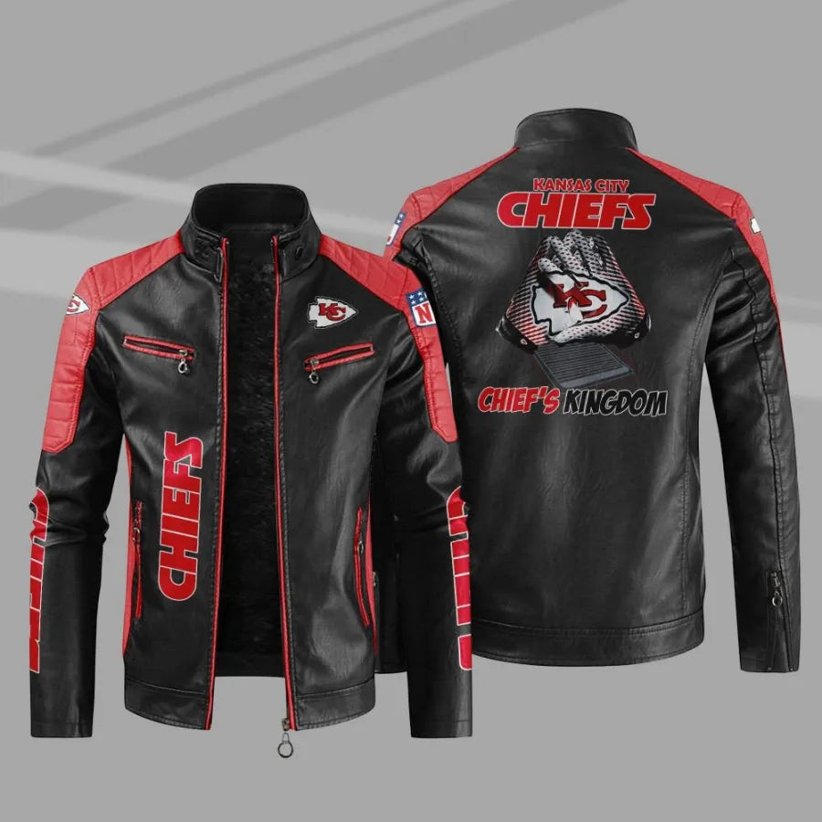 LIMITED EDITION - NEW CUSTOMIZED NFL01 KCC KANSAS CITY CHIEFS LEATHER BIKER JACKET