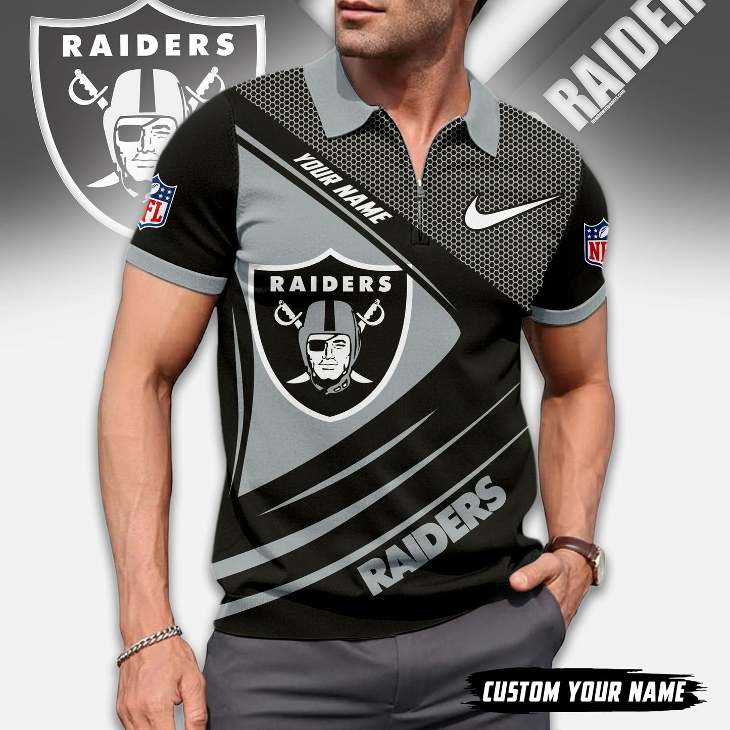 LIMITED EDITION - NEW CUSTOMIZED NFL07 LVR LAS VEGAS RAIDERS ZIP POLO SHIRT
