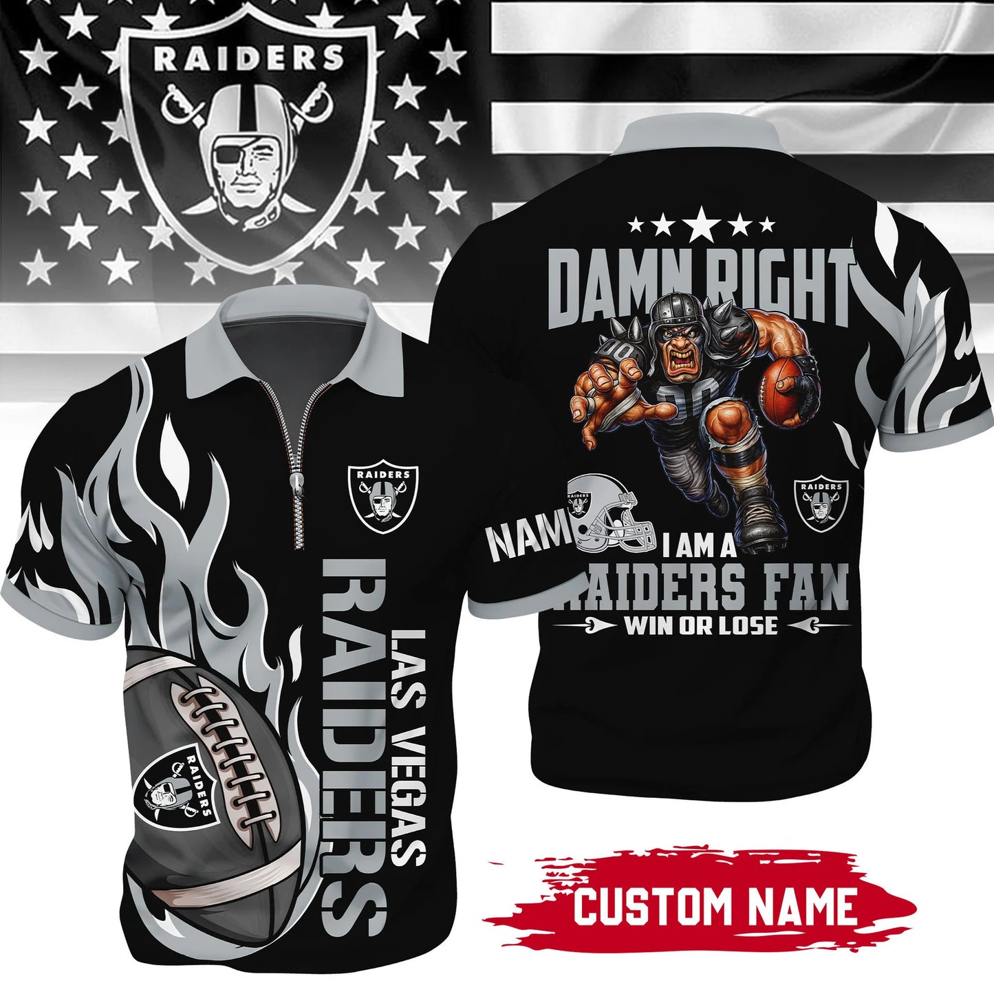 LIMITED EDITION - NEW CUSTOMIZED NFL07 LVR LAS VEGAS RAIDERS ZIP POLO SHIRT