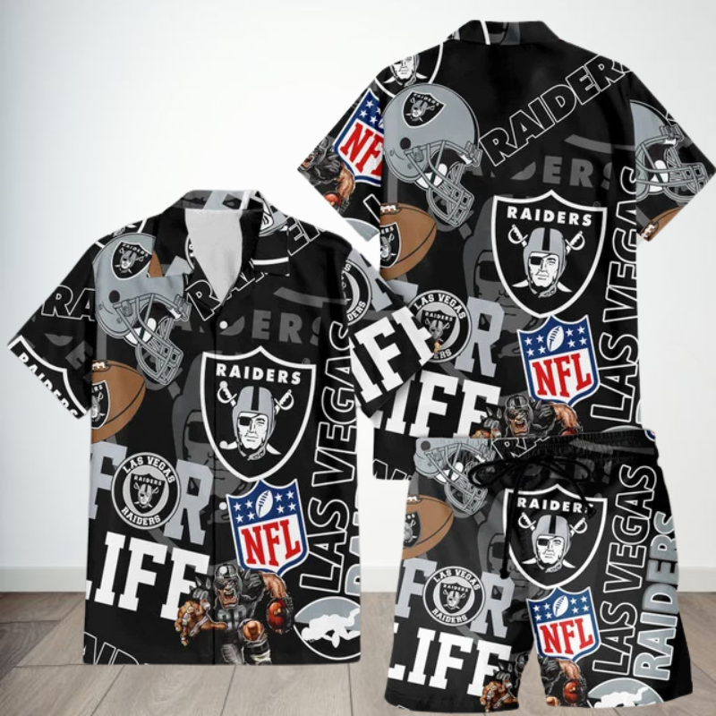 LIMITED EDITION - NEW CUSTOMIZED NFL07 LVR LAS VEGAS RAIDERS UNISEX HAWAIIAN SHIRT & SHORTS SET