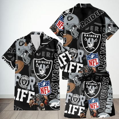 LIMITED EDITION - NEW CUSTOMIZED NFL07 LVR LAS VEGAS RAIDERS UNISEX HAWAIIAN SHIRT & SHORTS SET