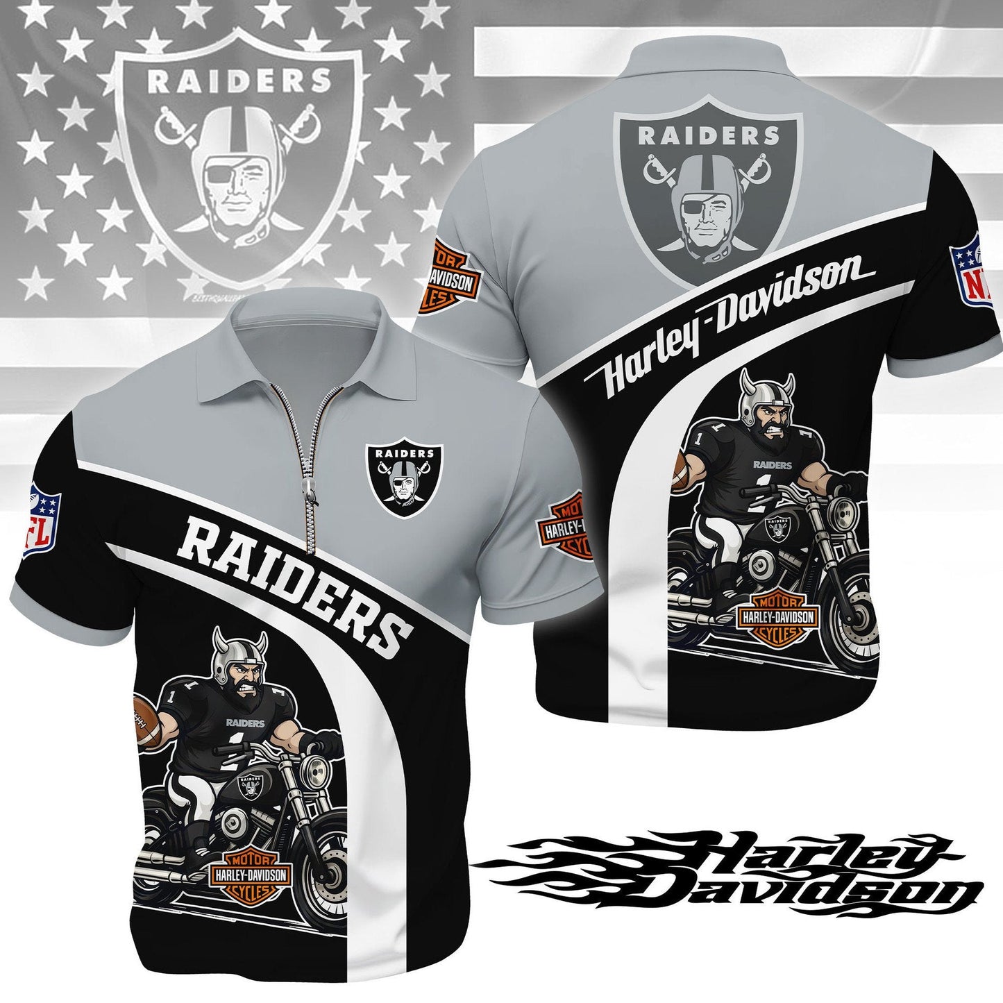 LIMITED EDITION - NEW CUSTOMIZED NFL07 LVR LAS VEGAS RAIDERS HARLEY-DAVIDSON POLO WITH ZIPPER SHIRT