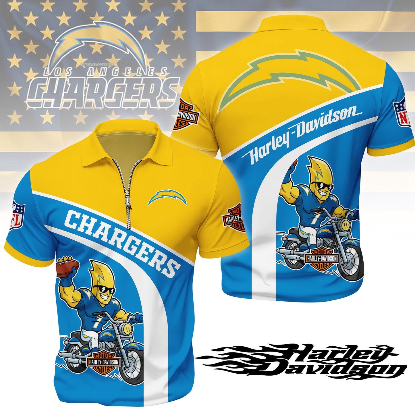 LIMITED EDITION - NEW CUSTOMIZED NFL09 LAC LOS ANGELES CHARGERS HARLEY-DAVIDSON POLO WITH ZIPPER SHIRT