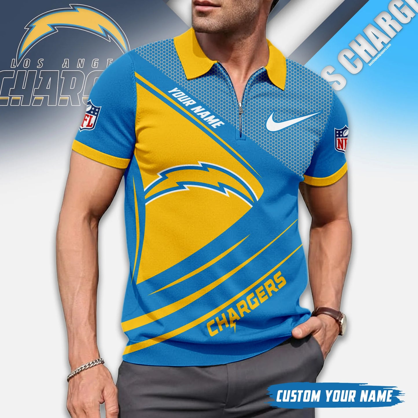 LIMITED EDITION - NEW CUSTOMIZED NFL09 LAC LOS ANGELES CHARGERS ZIP POLO SHIRT