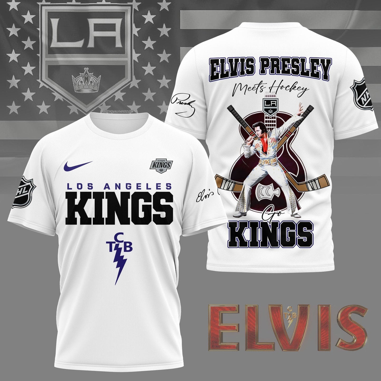LIMITED EDITION - NEW CUSTOMIZED NHL16 LAK LOS ANGELES KINGS X ELVIS PRESLEY FAN 3D SHIRT