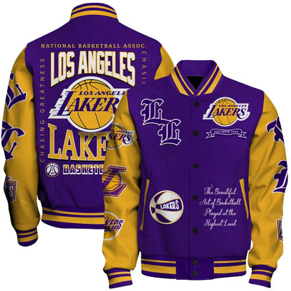 LIMITED EDITION - NEW CUSTOMIZED NBA09 LLA LOS ANGELES LAKERS BASEBALL JACKET, SATIN VARSITY JACKET