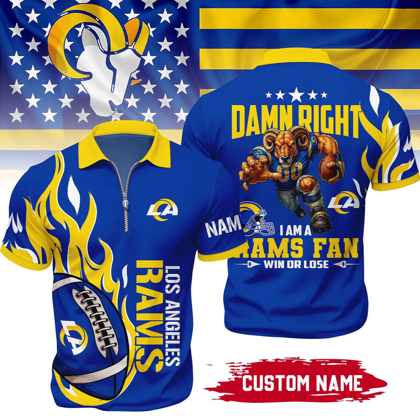LIMITED EDITION - NEW CUSTOMIZED NFL22 LAR LOS ANGELES RAMS ZIP POLO SHIRT
