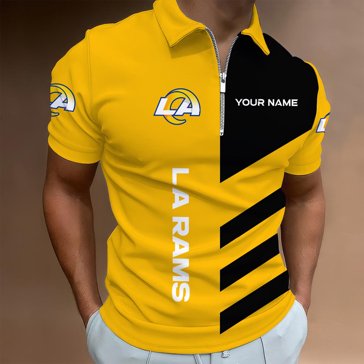 LIMITED EDITION - NEW CUSTOMIZED NFL22 LAR LOS ANGELES RAMS ZIP POLO SHIRT
