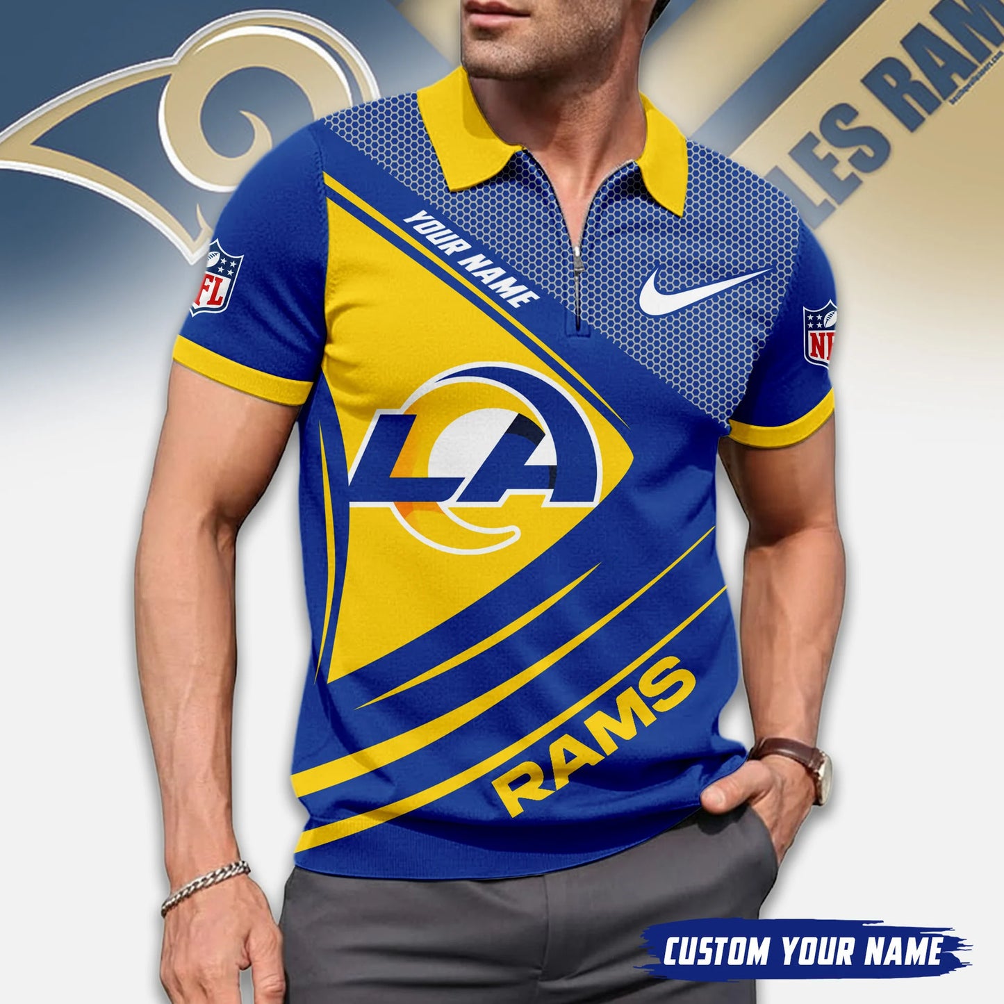 LIMITED EDITION - NEW CUSTOMIZED NFL22 LAR LOS ANGELES RAMS ZIP POLO SHIRT
