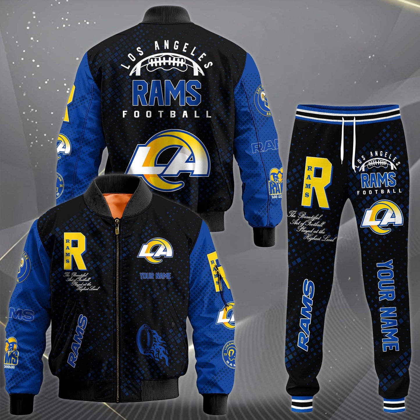 LIMITED EDITION - NEW CUSTOMIZED NFL22 LAR LOS ANGELES RAMS SATIN VARSITY JACKET & LONG PANTS