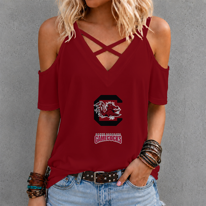 [FAN FAVORITE] NEW CUSTOMIZED NCAA CWS10 SCG SOUTH CAROLINA GAMECOCKS CRISS CROSS V-NECK TOP