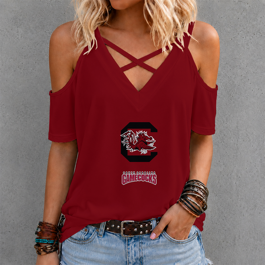 [FAN FAVORITE] NEW CUSTOMIZED NCAA CWS10 SCG SOUTH CAROLINA GAMECOCKS CRISS CROSS V-NECK TOP