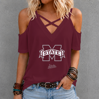 [FAN FAVORITE] NEW CUSTOMIZED NCAA CWS11 MSB MISSISSIPPI STATE BULLDOGS CRISS CROSS V-NECK TOP