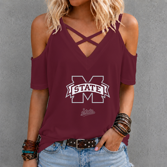 [FAN FAVORITE] NEW CUSTOMIZED NCAA CWS11 MSB MISSISSIPPI STATE BULLDOGS CRISS CROSS V-NECK TOP