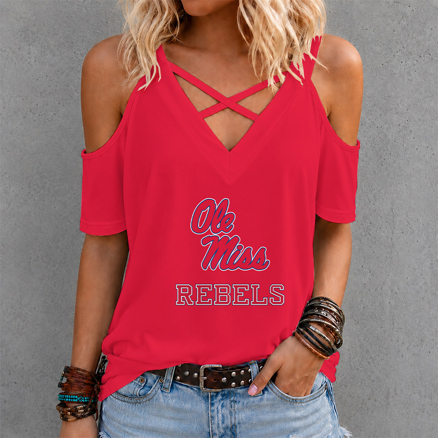 [FAN FAVORITE] NEW CUSTOMIZED NCAA CWS13 OMR OLE MISS REBELS CRISS CROSS V-NECK TOP