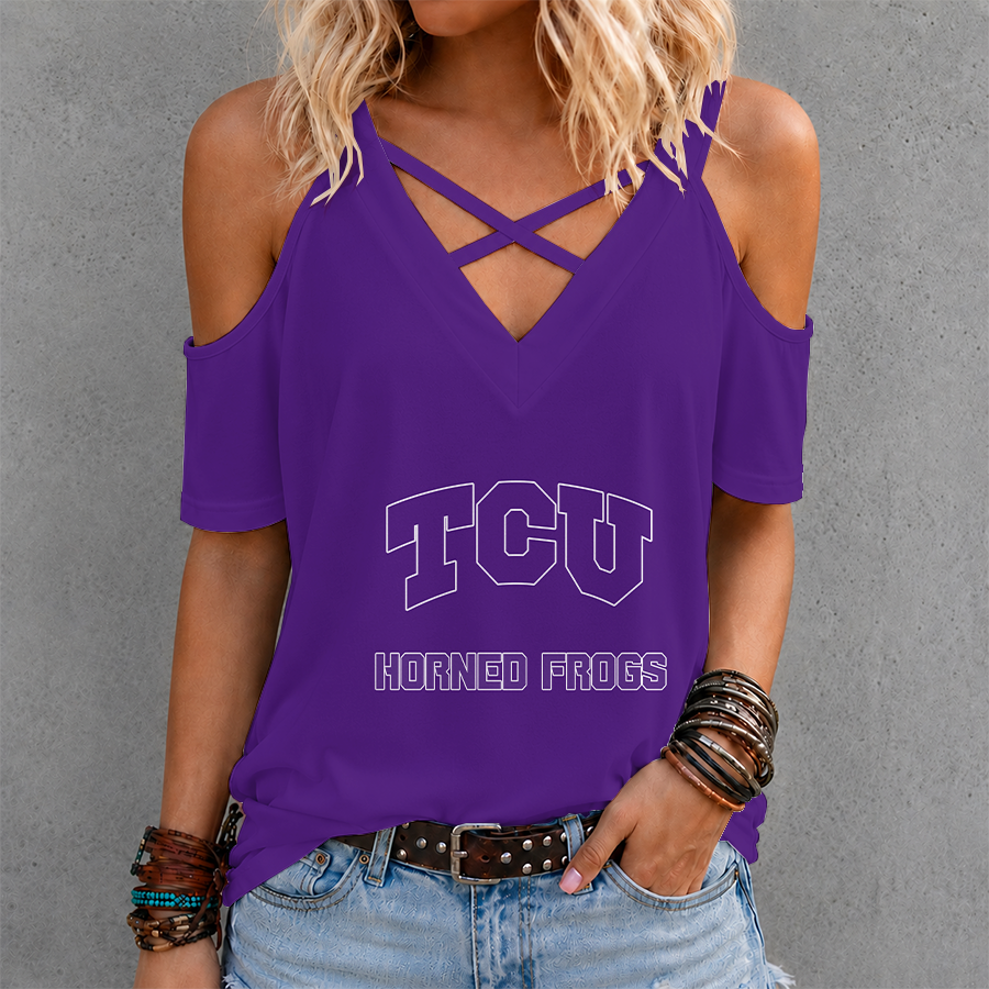 [FAN FAVORITE] NEW CUSTOMIZED NCAA CWS14 THF TCU HORNED FROGS CRISS CROSS V-NECK TOP