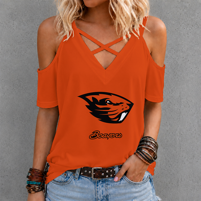 [FAN FAVORITE] NEW CUSTOMIZED NCAA CWS15 OGB OREGON STATE BEAVERS CRISS CROSS V-NECK TOP