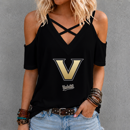 [FAN FAVORITE] NEW CUSTOMIZED NCAA CWS17 VDC VANDERBILT COMMODORES CRISS CROSS V-NECK TOP