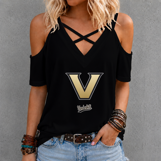 [FAN FAVORITE] NEW CUSTOMIZED NCAA CWS17 VDC VANDERBILT COMMODORES CRISS CROSS V-NECK TOP