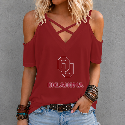 [FAN FAVORITE] NEW CUSTOMIZED NCAA CWS22 OUS OKLAHOMA SOONERS CRISS CROSS V-NECK TOP