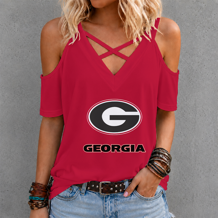[FAN FAVORITE] NEW CUSTOMIZED NCAA CWS23 GEB GEORGIA BULLDOGS CRISS CROSS V-NECK TOP