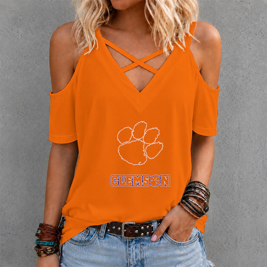 [FAN FAVORITE] NEW CUSTOMIZED NCAA CWS25 CST CLEMSON TIGERS CRISS CROSS V-NECK TOP