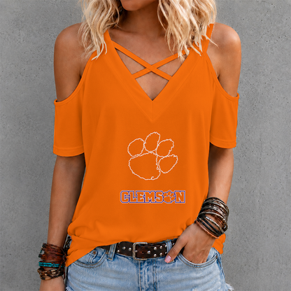 [FAN FAVORITE] NEW CUSTOMIZED NCAA CWS25 CST CLEMSON TIGERS CRISS CROSS V-NECK TOP