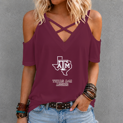 [FAN FAVORITE] NEW CUSTOMIZED NCAA CWS27 TAA TEXAS A&M AGGIES CRISS CROSS V-NECK TOP