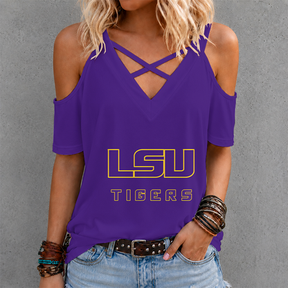 [FAN FAVORITE] NEW CUSTOMIZED NCAA CWS07 LST LSU TIGERS CRISS CROSS V-NECK TOP