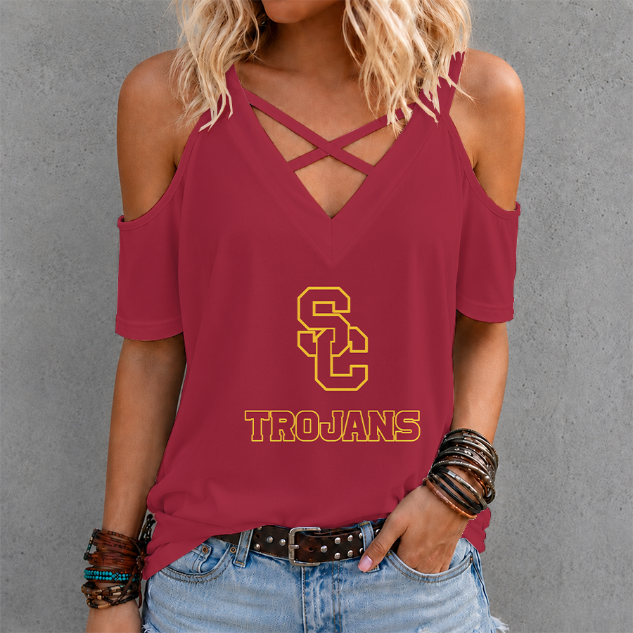 [FAN FAVORITE] NEW CUSTOMIZED NCAA CWS09 USC USC TROJANS CRISS CROSS V-NECK TOP