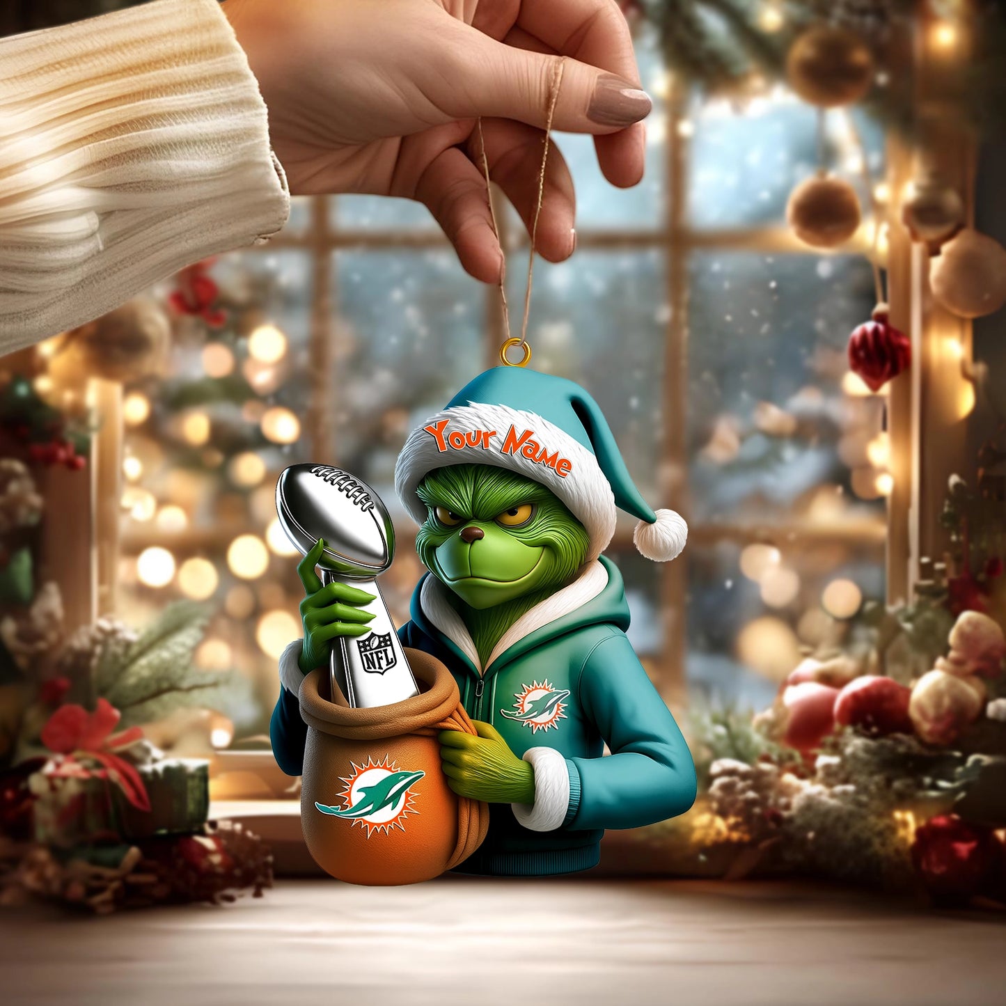 LIMITED EDITION - NEW CUSTOMIZED NFL19 MDP MIAMI DOLPHINS THE GRINCH ACRYLIC ORNAMENT