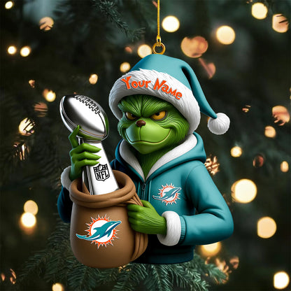 LIMITED EDITION - NEW CUSTOMIZED NFL19 MDP MIAMI DOLPHINS THE GRINCH ACRYLIC ORNAMENT