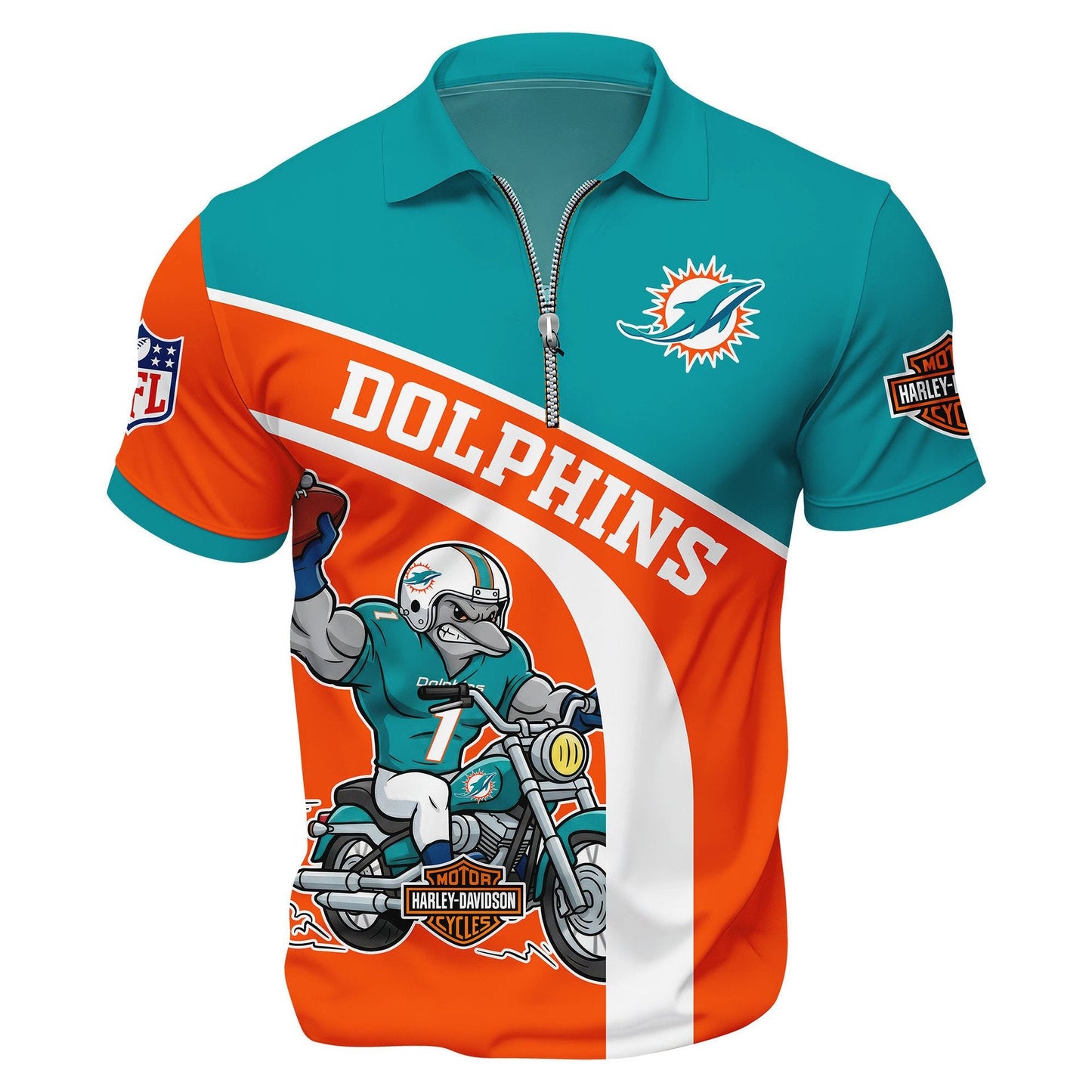 LIMITED EDITION - NEW CUSTOMIZED NFL19 MDP MIAMI DOLPHINS HARLEY-DAVIDSON POLO WITH ZIPPER SHIRT